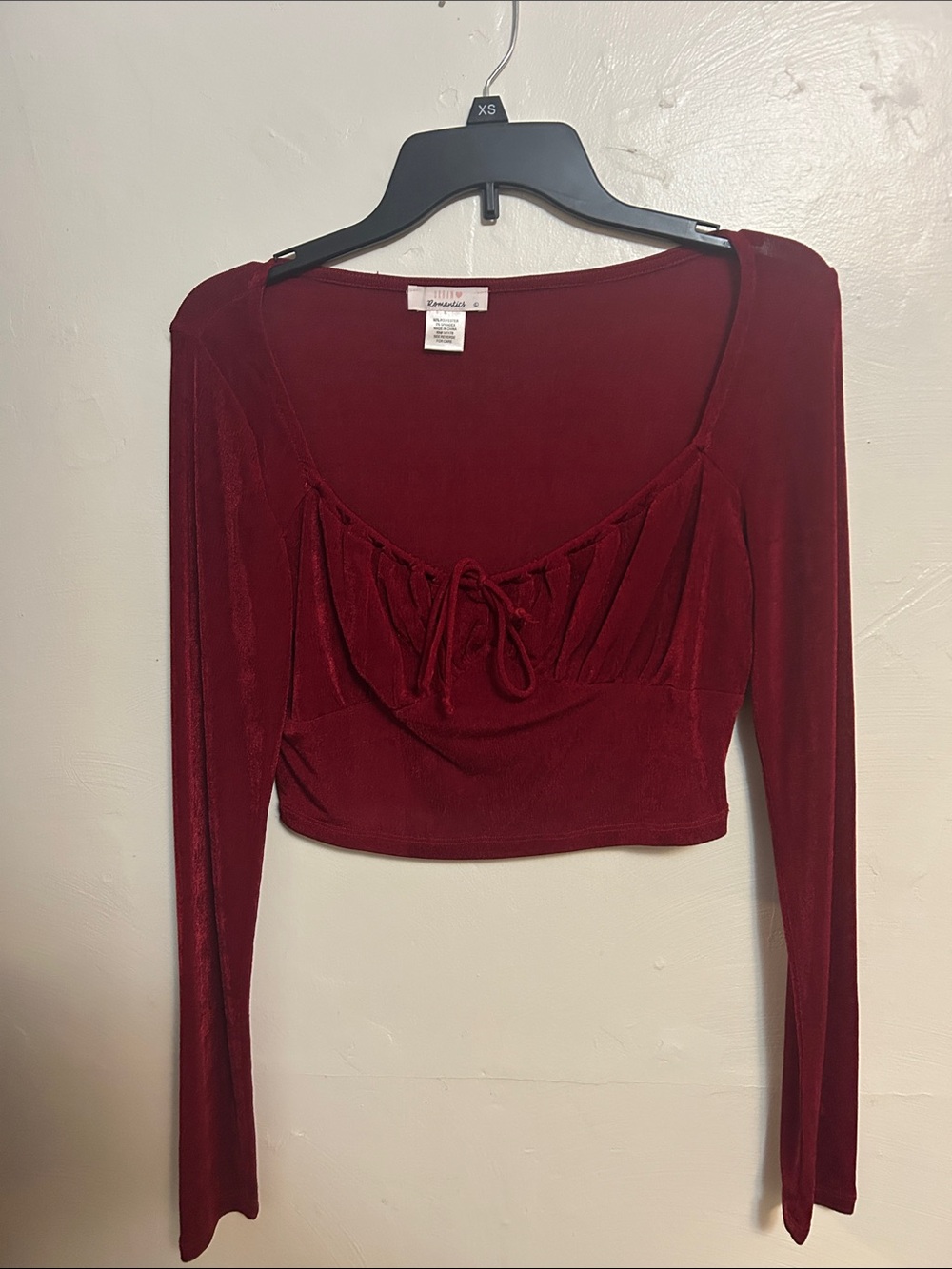 URBAN Romantics Burgundy Velvet Long-Sleeve Crop Top with Front Tie